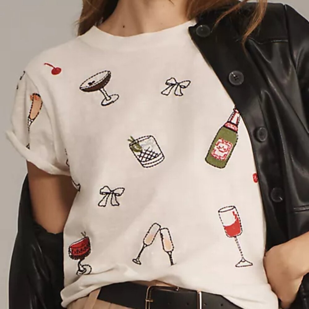 Anthropologie The Caitlin Embroidered Boxy Tee by Maeve CHEERS Small
